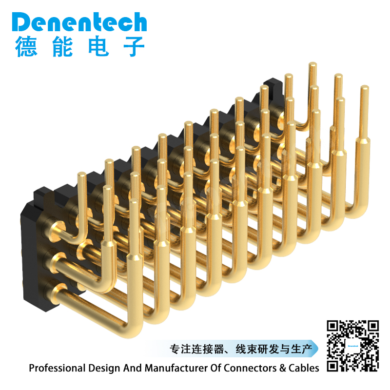 Denentech high-end custom2.00MM pogo pin H1.27MM triple row female right angle SMYconcave with peg